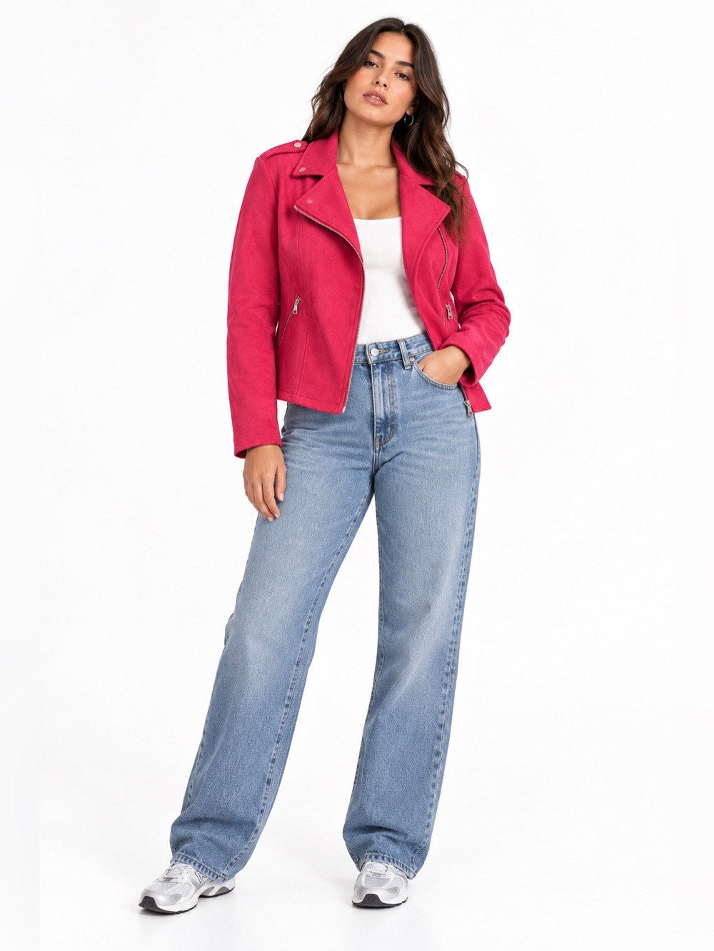 Le Château Hot Pink Microsuede Moto Biker Jacket – Size Large EUC